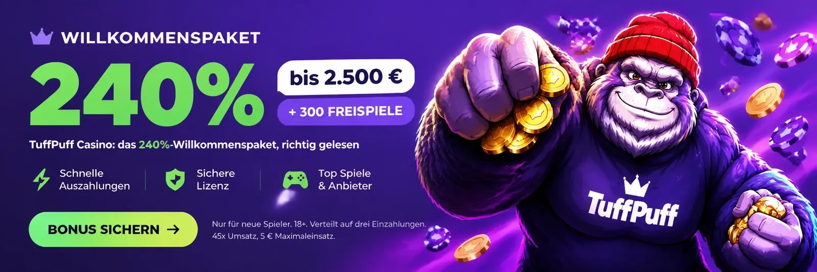 Willkommenspaket: 240% bis 2.500 Euro und 300 Freispiele bei TuffPuff